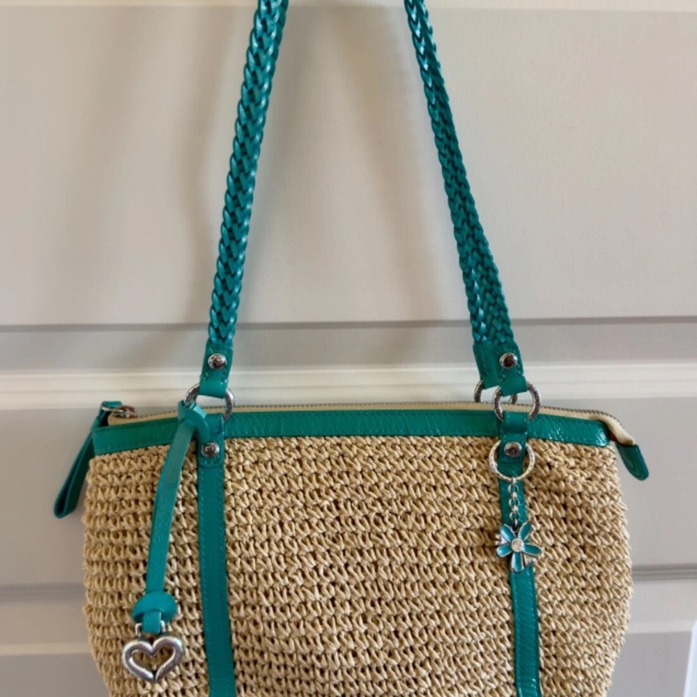 Brighton Teal Trim Straw Shoulder Bag - Womens handbag. New